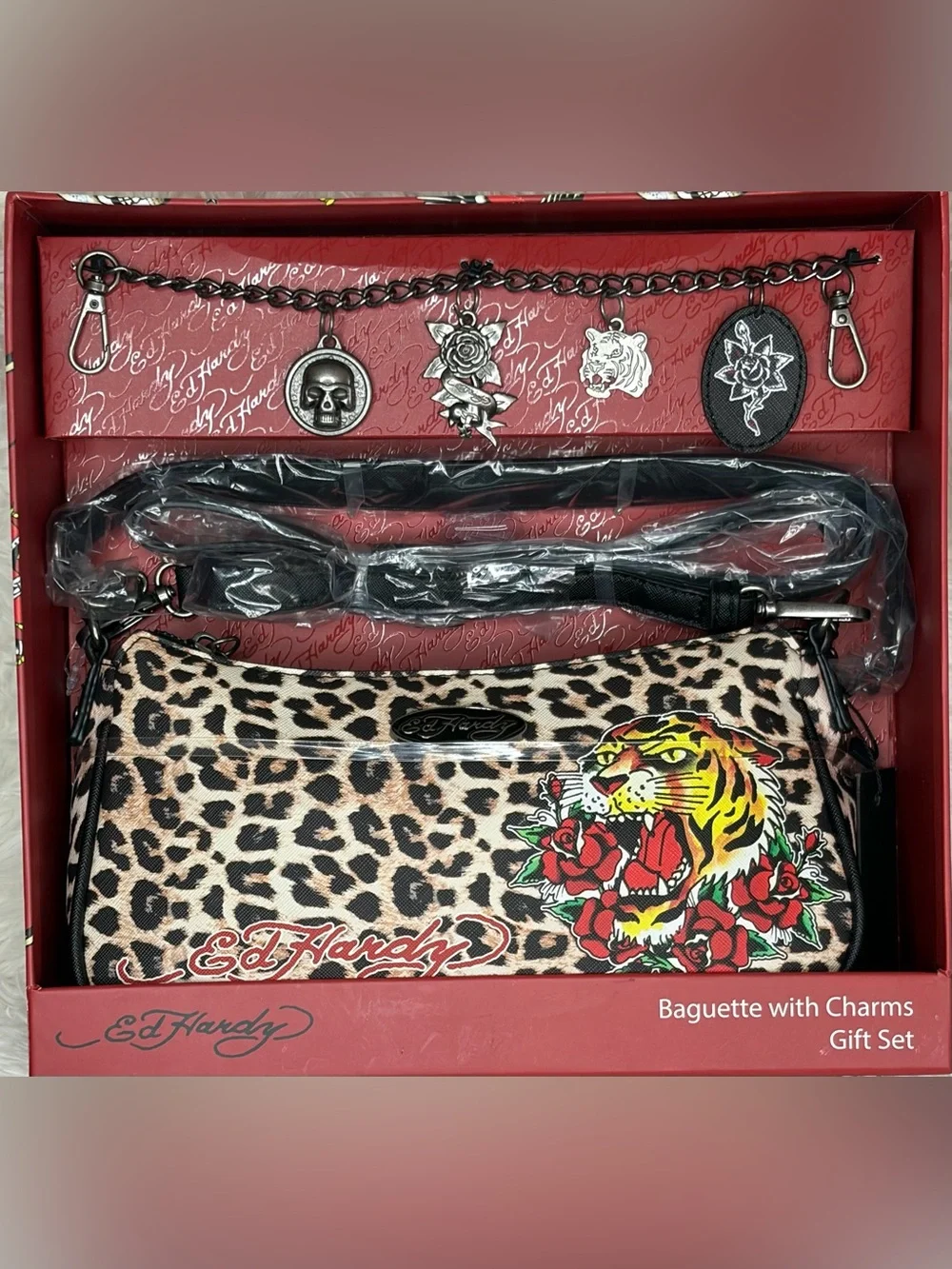 Ed Hardy Leopard Print Baguette Bag with Tiger & Rose Graphic - Charms Gift Set